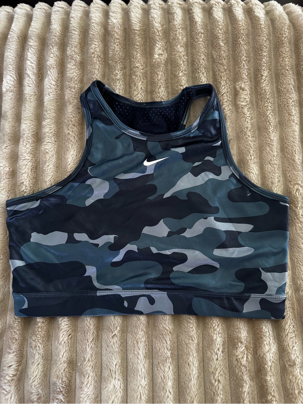 Nike Black and Dark Green Camo Racerback Sports Bra
